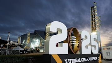 A general overall view of the 2025 College Football Playoff National Championship logo at Mercedez-Benz Stadium in Atlanta.