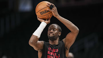 Apr 1, 2025; Atlanta, Georgia, USA; Atlanta Hawks guard Caris LeVert (3) on the court before the game against the Portland Trail Blazers at State Farm Arena. Mandatory Credit: Dale Zanine-Imagn Images