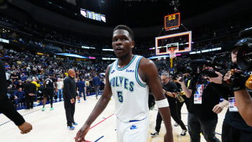 May 19, 2024; Denver, Colorado, USA; Minnesota Timberwolves guard Anthony Edwards (5) celebrates defeating the Denver Nuggets in game seven of the second round for the 2024 NBA playoffs at Ball Arena.