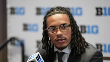Jul 24, 2025; Las Vegas, NV, USA; USC wide receiver Makai Lemon speaks to the media during the Big Ten NCAA college football media days at Mandalay Bay Resort. Mandatory Credit: Lucas Peltier-Imagn Images