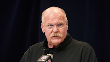 Feb 25, 2025; Indianapolis, IN, USA; Kansas City Chiefs oach Andy Reid speaks during the NFL Scouting Combine at the Indiana Convention Center. Mandatory Credit: Kirby Lee-Imagn Images