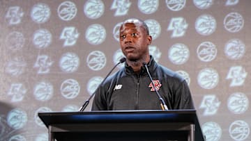 Oct 25, 2023; Charlotte, NC, USA;  Boston College coach Earl Grant speaks to the media during the ACC Tipoff at Hilton Charlotte Uptown. Mandatory Credit: Jim Dedmon-Imagn Images
