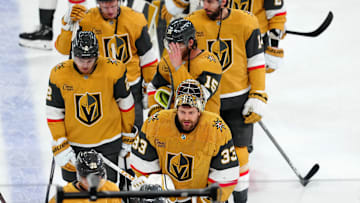 May 14, 2025; Las Vegas, Nevada, USA; Vegas Golden Knights players leave the ice after the Edmonton Oilers defeated the Vegas Golden Knights 1-0 during an overtime period, completing a 4-1 series win during game five of the second round of the 2025 Stanley Cup Playoffs at T-Mobile Arena. Mandatory Credit: Stephen R. Sylvanie-Imagn Images