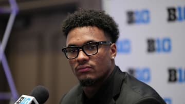 Jul 23, 2025; Las Vegas, NV, USA; Oregon tight end Kenyon Sadiq speaks to the media during the Big Ten NCAA college football media days at Mandalay Bay Resort. Mandatory Credit: Lucas Peltier-Imagn Images