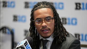 Jul 24, 2025; Las Vegas, NV, USA; USC wide receiver Makai Lemon speaks to the media during the Big Ten NCAA college football media days at Mandalay Bay Resort. Mandatory Credit: Lucas Peltier-Imagn Images
