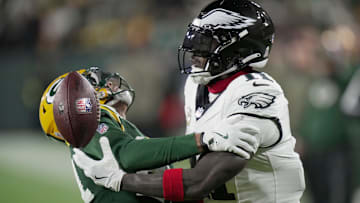Green Bay Packers cornerback Carrington Valentine (24) breaks up a pass intended for Philadelphia Eagles wide receiver A.J. Brown (11) during the fourth quarter of their game Monday, November 10, 2025 at Lambeau Field in Green Bay, Wisconsin.