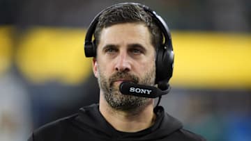 Dec 8, 2025; Inglewood, California, USA; Philadelphia Eagles head coach Nick Sirianni looks on in the second half against the Los Angeles Chargers at SoFi Stadium. Mandatory Credit: Kirby Lee-Imagn Images