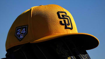 Feb 13, 2024; Peoria, AZ, USA; The details of a San Diego Padres cap during a Spring Training workout at Peoria Sports Complex. Mandatory Credit: Joe Camporeale-Imagn Images
