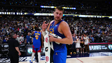 May 9, 2025; Denver, Colorado, USA; Denver Nuggets center Nikola Jokic (15) following the overtime win against the Oklahoma City Thunder during game three of the second round for the 2025 NBA Playoffs at Ball Arena. Mandatory Credit: Ron Chenoy-Imagn Images