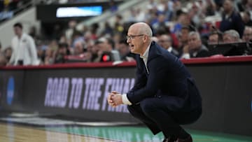 Mar 21, 2025; Raleigh, NC, USA;  Connecticut Huskies head coach Dan Hurley reacts during the first half against the Oklahoma Sooners at Lenovo Center. Mandatory Credit: Bob Donnan-Imagn Images