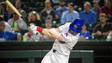 Iowa Cubs' Owen Caissie (17) swings at the ball on Friday, March 28, 2025, at Principal Park in Des Moines.