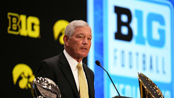 Jul 24, 2025; Las Vegas, NV, USA; Iowa head coach Kirk Ferentz speaks to the media during the Big Ten NCAA college football media days at Mandalay Bay Resort. Mandatory Credit: Lucas Peltier-Imagn Images