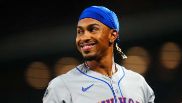 Aug 7, 2024; Denver, Colorado, USA; New York Mets shortstop Francisco Lindor (12) reacts in the ninth inning against the Colorado Rockies at Coors Field. Mandatory Credit: Ron Chenoy-USA TODAY Sports