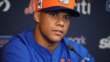 Feb 16, 2025; Port St. Lucie, FL, USA; New York Mets outfielder Juan Soto (22) addresses the media at spring training. Mandatory Credit: Jim Rassol-Imagn Images