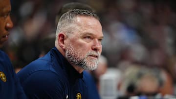 Apr 6, 2025; Denver, Colorado, USA; Denver Nuggets head coach Michael Malone during the second quarter against the Indiana Pacers at Ball Arena. Mandatory Credit: Ron Chenoy-Imagn Images