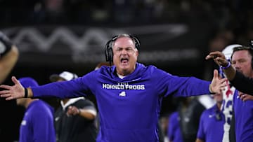 TCU head coach Sonny Dykes yells to an official during a game against Arizona State at Mountain America Stadium in Tempe on Sept. 26, 2025.