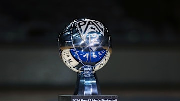 Mar 16, 2024; Las Vegas, NV, USA; The 2024 Pac-12 Conference men's basketball champion trophy at T-Mobile Arena. Mandatory Credit: Kirby Lee-Imagn Images