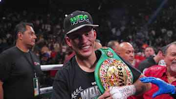 Mar 25, 2023; Las Vegas, Nevada, USA; David Benavidez celebrates after defeating Caleb Plant (not pictured) in their Interim WBC Super Middleweight Championship boxing bout at MGM Grand Garden Arena. Mandatory Credit: Joe Camporeale-Imagn Images