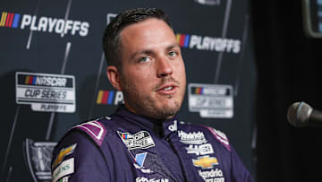 Sep 4, 2024; Charlotte, North Carolina, USA; Alex Bowman speaks to media members during the NASCAR Playoffs Media Day at the Charlotte Convention Center.