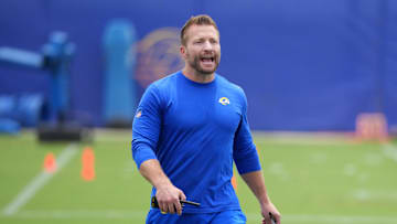 May 28, 2025; Woodland Hills, CA, USA; Los Angeles Rams coach Sean McVay reacts during organized team activities at Rams Practice Facility. Mandatory Credit: Kirby Lee-Imagn Images