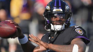 Dec 31, 2023; Baltimore, Maryland, USA; Baltimore Ravens  quarterback Lamar Jackson (8) warms up prior to the game against the Miami Dolphins at M&T Bank Stadium. Mandatory Credit: Mitch Stringer-USA TODAY Sports