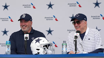 Jul 26, 2022; Oxnard, CA, USA; Dallas Cowboys coach Mike McCarthy (left) and owner Jerry Jones at