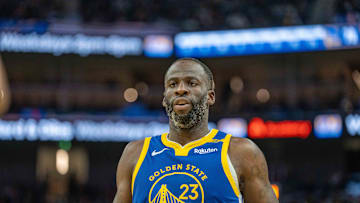 Dec 6, 2024; San Francisco, California, USA; Golden State Warriors forward Draymond Green (23) reacts to a call against the Minnesota Timberwolves during the fourth quarter at Chase Center. Mandatory Credit: Neville E. Guard-Imagn Images