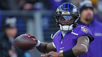 Jan 4, 2025; Baltimore, Maryland, USA; Baltimore Ravens quarterback Lamar Jackson (8) makes a pass during the first quarter against the Cleveland Browns at M&T Bank Stadium. Mandatory Credit: Mitch Stringer-Imagn Images
