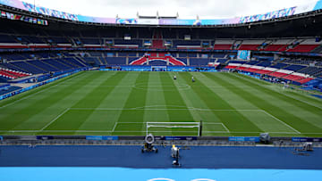 The Olympics logo at Parc des Princes, the home of Paris Saint-Germain and soccer venue for the 2024 Paris Olympics