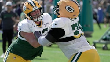 Green Bay Packers offensive tackle Brant Banks and Kadeem Telfort are shown during a joint practice with the Seattle Seahawks