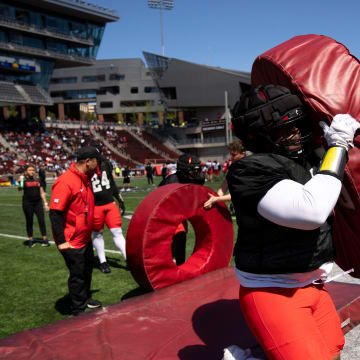 Cincinnati Bearcats defensive lineman Dontay Corleone runs a drill during the University of Cincinnati annual Red and Black Spring football game and practice at Nippert Stadium in Cincinnati on Saturday, April 13, 2024.