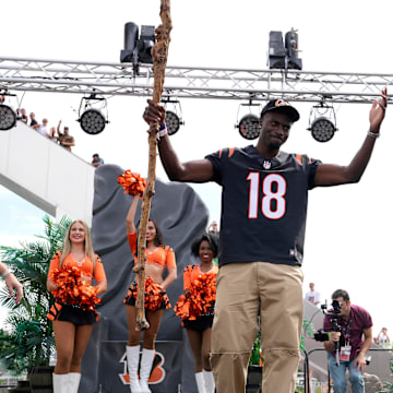 Former Cincinnati Bengals wide receiver A.J. Green is introduced as the Ruler of the Jungle prior to a Week 2 NFL football game between the Baltimore Ravens and the Cincinnati Bengals Sunday, Sept. 17, 2023, at Paycor Stadium in Cincinnati.