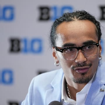 Jul 24, 2025; Las Vegas, NV, USA; UCLA quarterback Nico Iamaleava speaks to the media during the Big Ten NCAA college football media days at Mandalay Bay Resort. Mandatory Credit: Lucas Peltier-Imagn Images