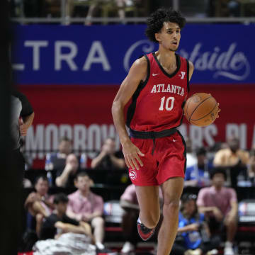 Jul 12, 2024; Las Vegas, NV, USA;  Atlanta Hawks forward Zaccharie Risacher (10) dribbles the ball against the Washington Wizards  during the first half at Thomas & Mack Center. Mandatory Credit: Lucas Peltier-USA TODAY Sports