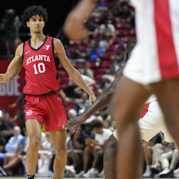 Jul 12, 2024; Las Vegas, NV, USA;  Atlanta Hawks forward Zaccharie Risacher (10) looks to pass the ball against the Washington Wizards during the first half at Thomas & Mack Center. Mandatory Credit: Lucas Peltier-Imagn Images