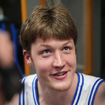Apr 3, 2025; San Antonio, TX, USA; Duke Blue Devils guard Kon Knueppel (7) is interviewed during open locker room at Alamodome. Mandatory Credit: Bob Donnan-Imagn Images