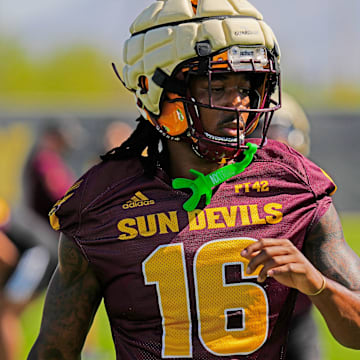Arizona State wide receiver Jaren Hamilton (16) warms up during the first day of fall practice in Tempe, Ariz. on July 30, 2025.