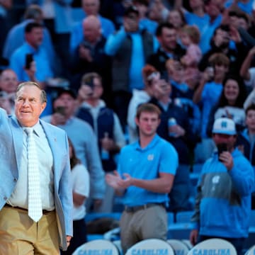 Dec 14, 2024; Chapel Hill, North Carolina, USA; North Carolina Tar Heels head football coach Bill Belichick is introduced during half time at Dean E. Smith Center. Mandatory Credit: Bob Donnan-Imagn Images