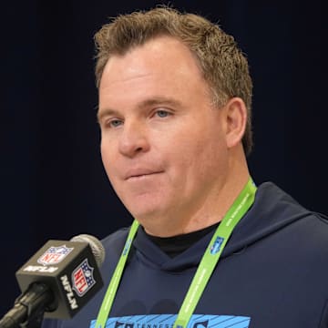 Tennessee Titans general manager Mike Borgonzi speaks during the NFL Scouting Combine.