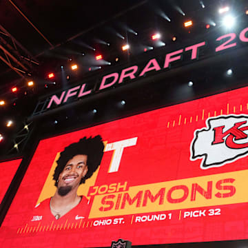 Apr 24, 2025; Green Bay, WI, USA; Ohio State Buckeyes tackle Josh Simmons is selected as the No. 32 pick by the Kansas City Chiefs during the NFL Draft at Lambeau Field. Mandatory Credit: Kirby Lee-Imagn Images