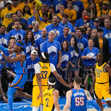 Jun 22, 2025; Oklahoma City, Oklahoma, USA; Oklahoma City Thunder guard Shai Gilgeous-Alexander (2) passes the ball during the second quarter against the Indiana Pacers during game seven of the 2025 NBA Finals at Paycom Center. Mandatory Credit: Alonzo Adams-Imagn Images