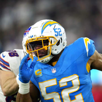 Dec 23, 2023; Inglewood, California, USA; Los Angeles Chargers linebacker Khalil Mack (52) rushes against the Buffalo Bills in the second half at SoFi Stadium. Mandatory Credit: Kirby Lee-USA TODAY Sports