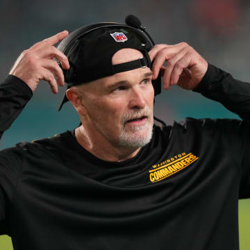 Aug 17, 2024; Miami Gardens, Florida, USA;  Washington Commanders head coach Dan Quinn along the sideline during the third quarter against the Miami Dolphins at Hard Rock Stadium. Mandatory Credit: Jim Rassol-USA TODAY Sports