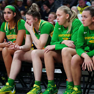 Feb 9, 2024; Boulder, Colorado, USA; General view of the Oregon Ducks bench during the second half against the Colorado Buffaloes at CU Events Center. Mandatory Credit: Ron Chenoy-Imagn Images