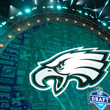 Apr 25, 2024; Detroit, MI, USA; A Philadelphia Eagles logo during the 2024 NFL Draft at Campus Martius Park and Hart Plaza. Mandatory Credit: Kirby Lee-Imagn Images