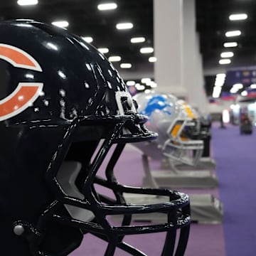 Feb 9, 2024; Las Vegas, NV, USA; A large Chicago Bears helmet at the NFL Experience at the Mandalay Bay South Convention Center. Mandatory Credit: Kirby Lee-Imagn Images