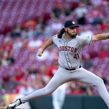 Spencer Arrighetti (41) delivers the pitch in the first inning of the MLB game between the Cincinnati Reds and Houston Astros at Great American Ball Park in Cincinnati on Wednesday, Sept. 4, 2024.