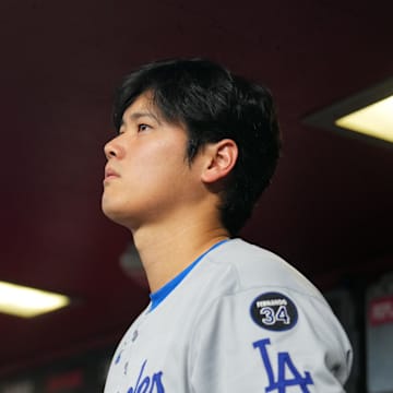 Los Angeles Dodgers two-way player Shohei Ohtani (17) looks on against the Arizona Diamondbacks during the second inning at Chase Field on May 10.