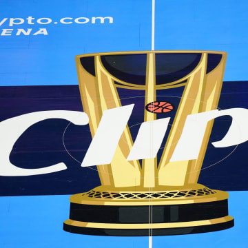 Nov 24, 2023; Los Angeles, California, USA; The LA Clippers In-Season Tournament logo at midcourt at Crypto.com Arena. Mandatory Credit: Kirby Lee-USA TODAY Sports