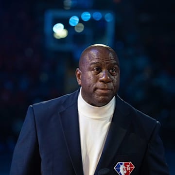 February 20, 2022; Cleveland, Ohio, USA; NBA great Magic Johnson before the 2022 NBA All-Star Game at Rocket Mortgage FieldHouse. Mandatory Credit: Kyle Terada-Imagn Images